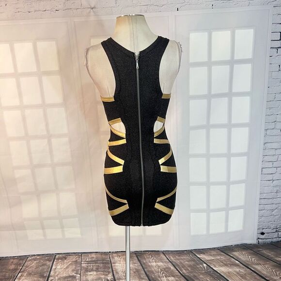 Bebe Addiction Cut Out Gold Metallic Bandage Bodycon Black Mini Dress Size S - Picture 5 of 10